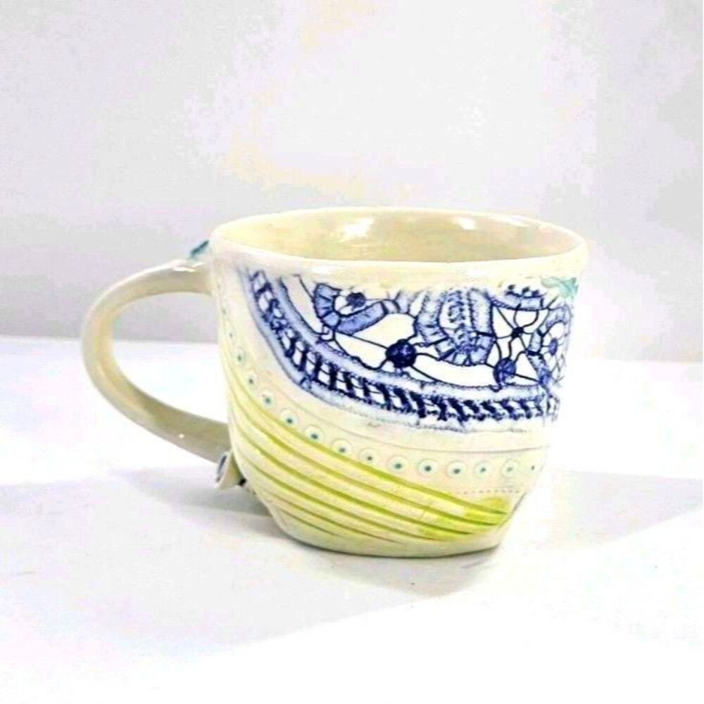 Studio Art Pottery Slab Built Coffee Tea Mug Abstract Floral Blue Green White Lg